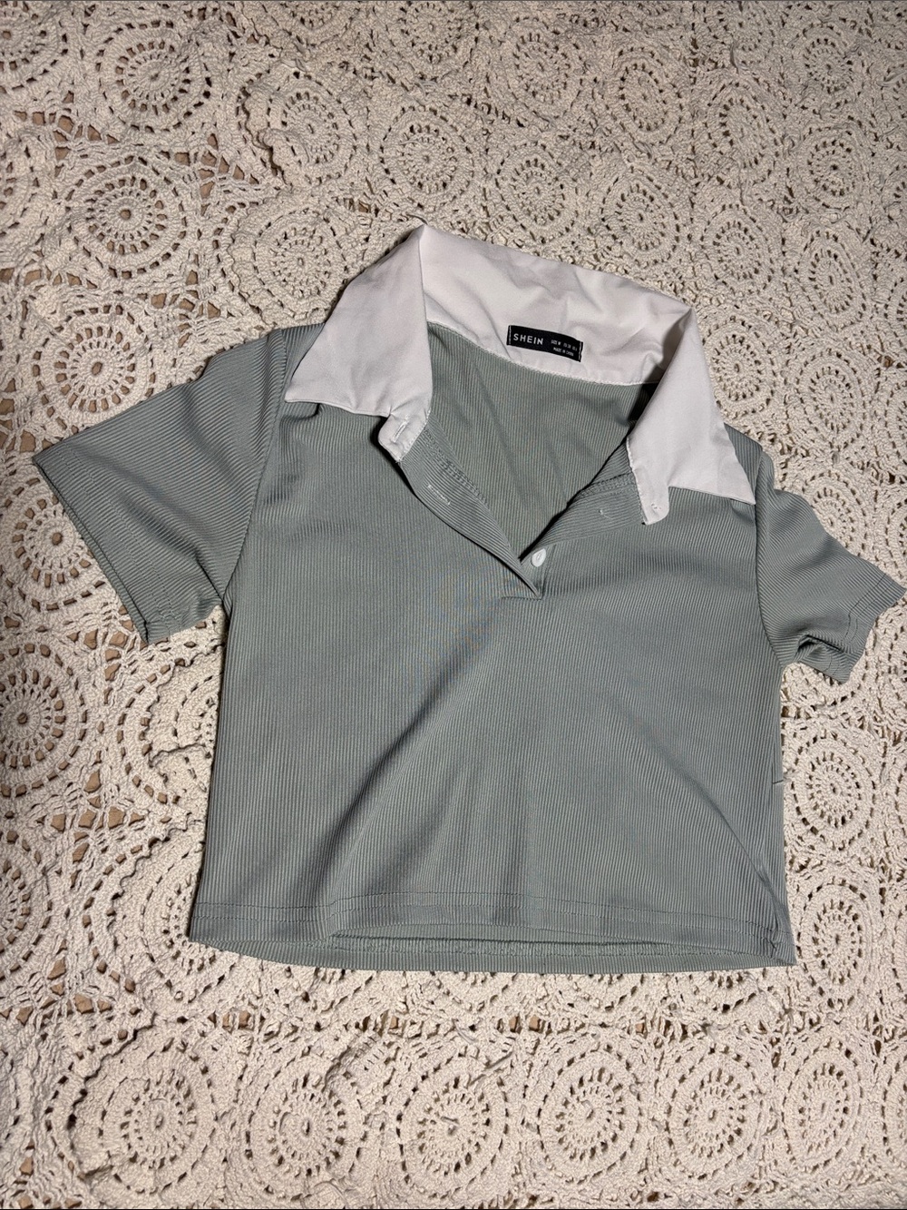 Sage Green Polo Top with White Collar